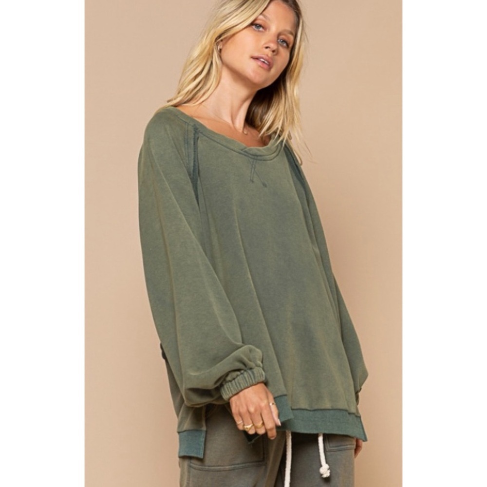 POL Olive Green Criss Cross Back Pullover | Vintage Wash French Terry Sweatshirt - Picture 7 of 11